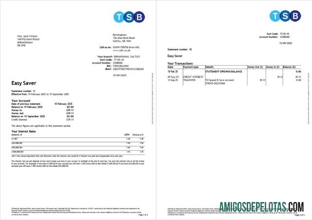 Extrato de conta bancária TSB realista do Reino Unido, modelo Word e PDF, 2 páginas